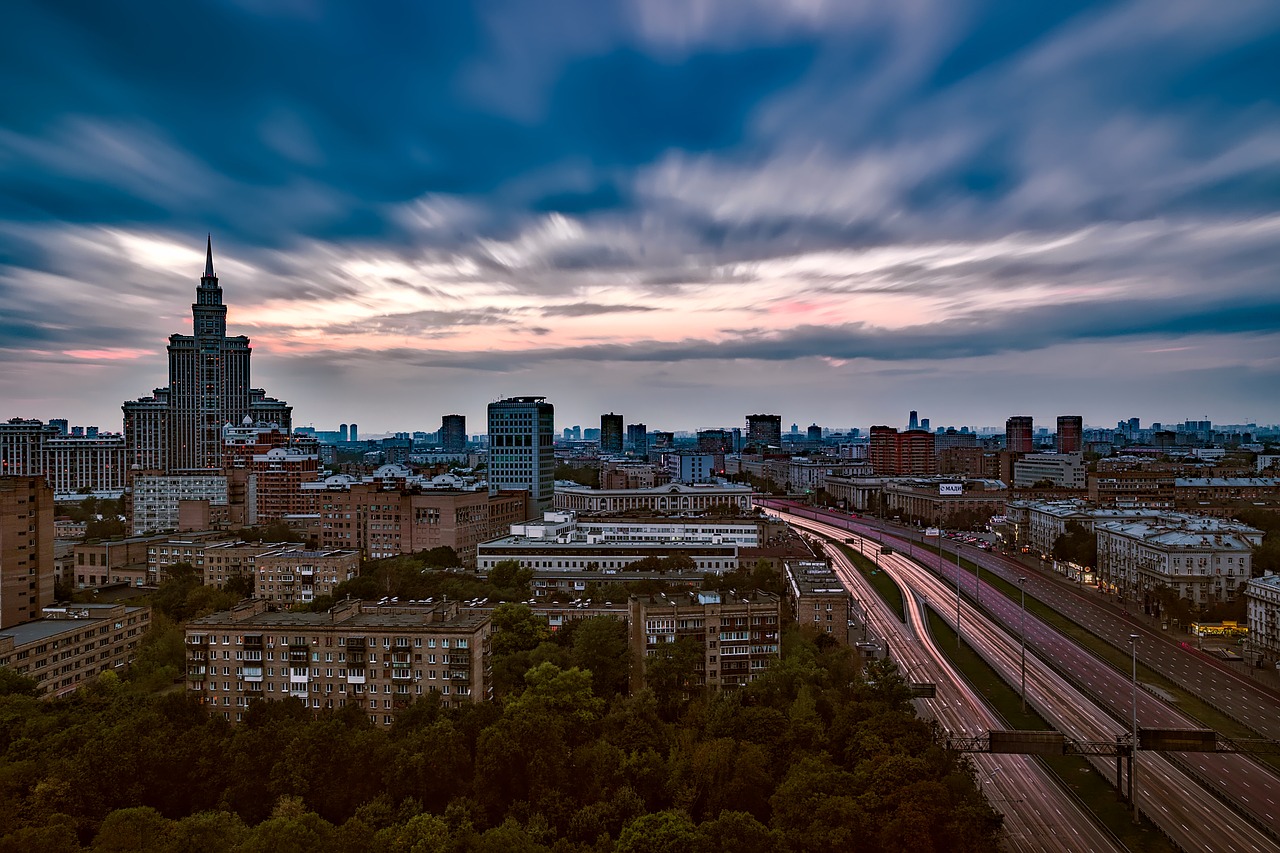 Moscow, Rusija, Saulėlydis, Dusk, Dangus, Debesys, Miestas, Miesto, Panorama, Pastatai