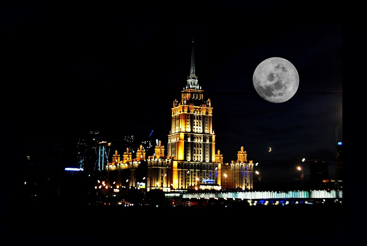 Moscow, Rusija, Mėnulis, Naktis, Mėnulio Šviesa, Moonlit Night, Miestas, Architektūra, Pilnatis, Nocturne