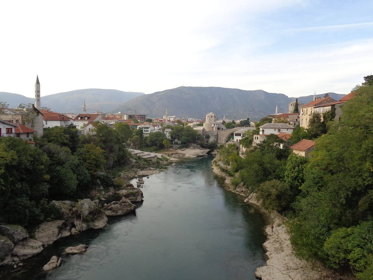 Mostar, Bosnija, Herzegovina, Akmeninis Tiltas, Bokštas, Kalnai, Kraštovaizdis, Vaizdas, Gamta, Senamiestis
