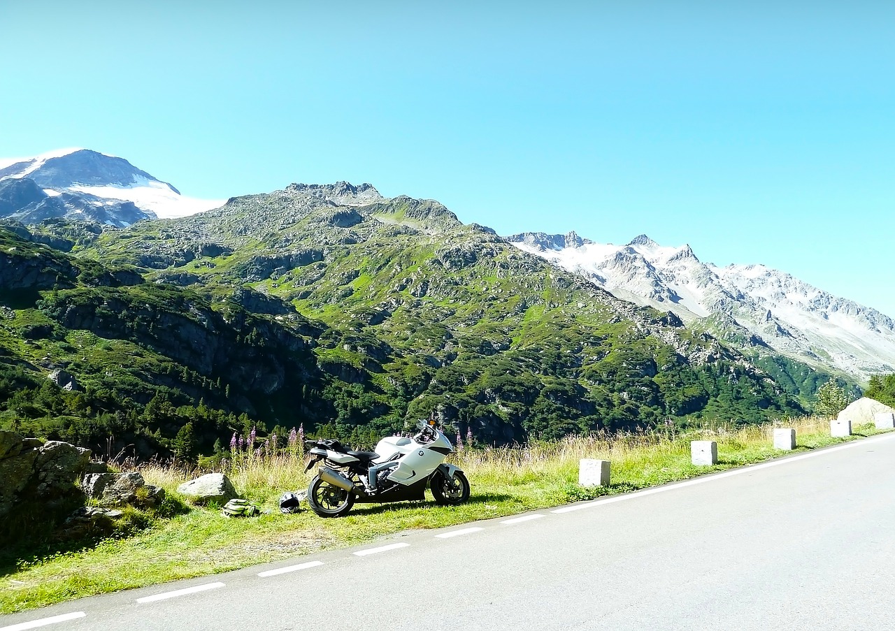 Motociklas, Mėlynas, Balta, Žalias, Sniegas, Vasara, Saulėtas, Šveicarija, Kalnas, Kalnai