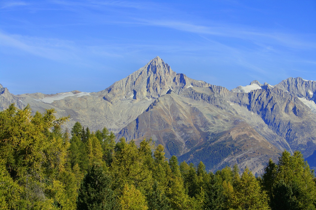 Kalnai, Kraštovaizdis, Alpių, Ruduo, Dangus, Gamta, Valais, Šveicarija, Saulė, Medžiai