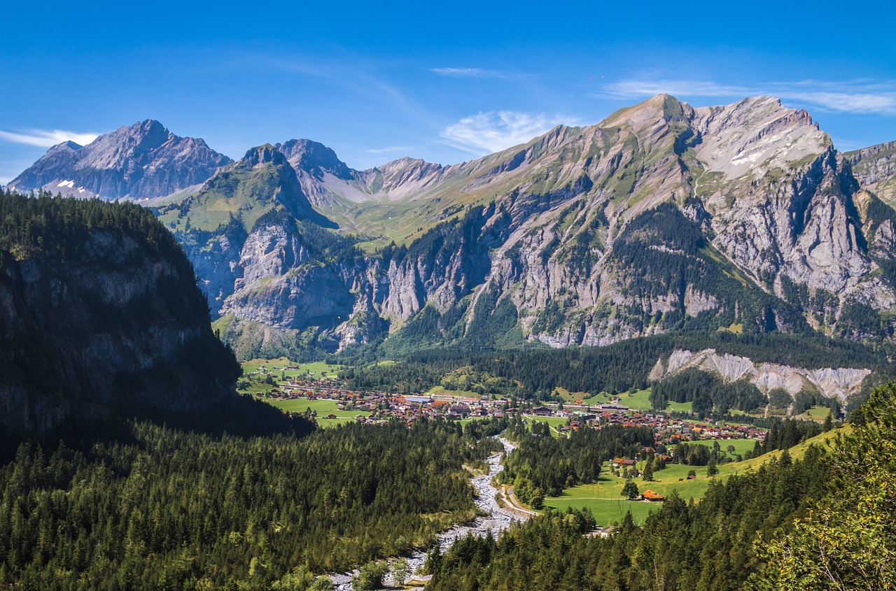 Kalnai, Kandersteg, Kraštovaizdis, Gamta, Šveicarija, Žygiai, Upė, Dangus, Alpių, Saulė