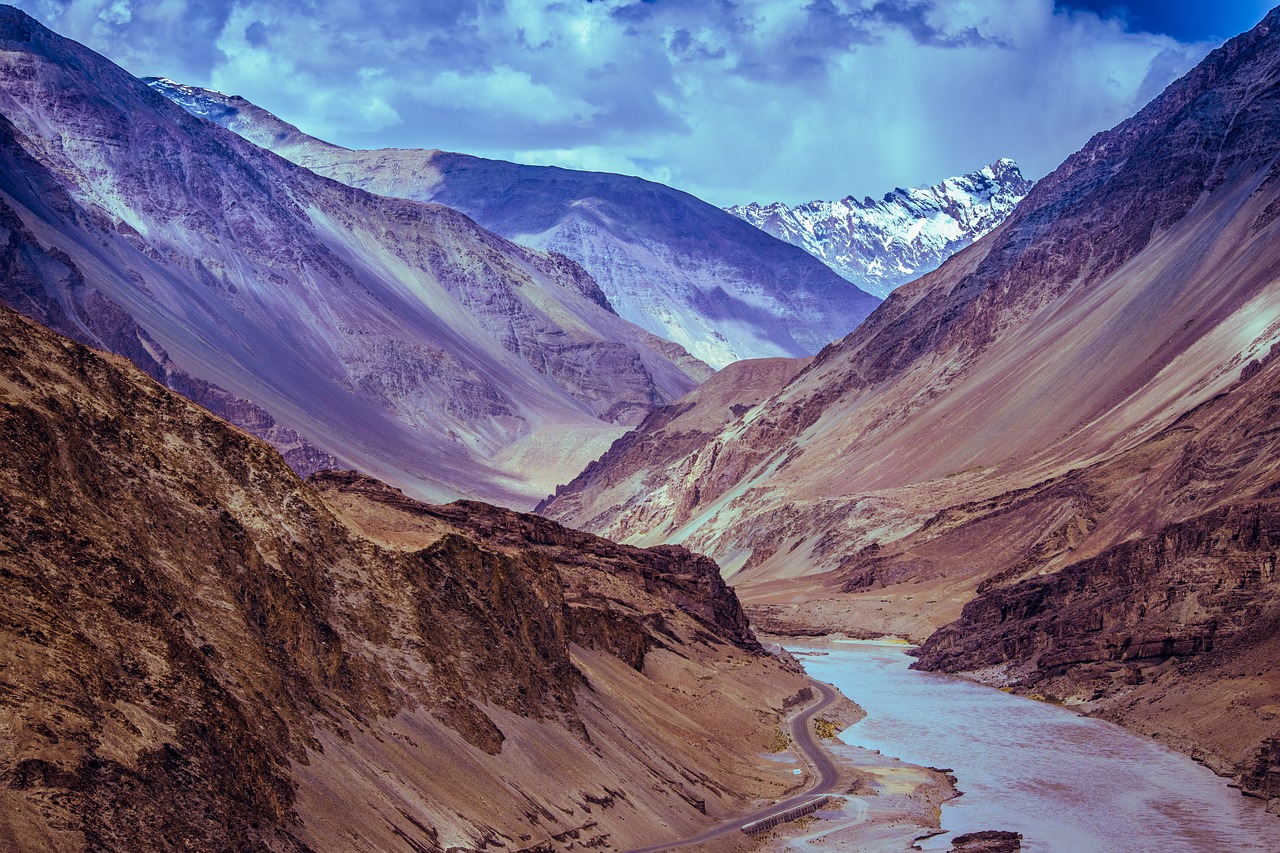 Kalnai, Upė, Leh, Ladakh, Indija, Kašmyras, Dangus, Kraštovaizdis, Jammu, Himalaja