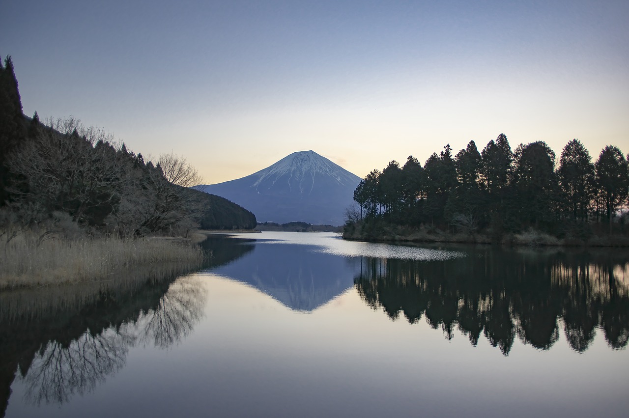 Mt Fuji, Žiema, Ankstus Rytas, Ežeras Tanuki, Japonija, Fuji, Natūralus, Kalnas, Aušra, Vandens Paviršius