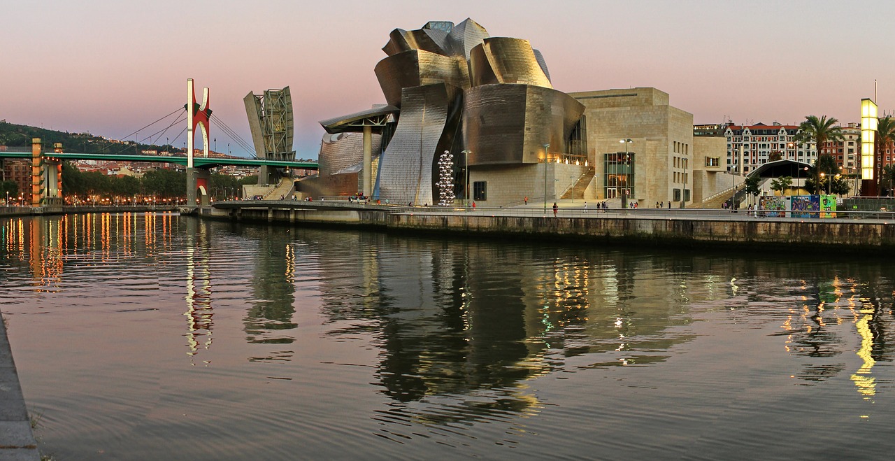 Muziejus, Guggenheimas, Bilbao, Frank Gehry, Gehry, Ria, Nervión, Saulėlydis, Bizkaia, Vizcaya