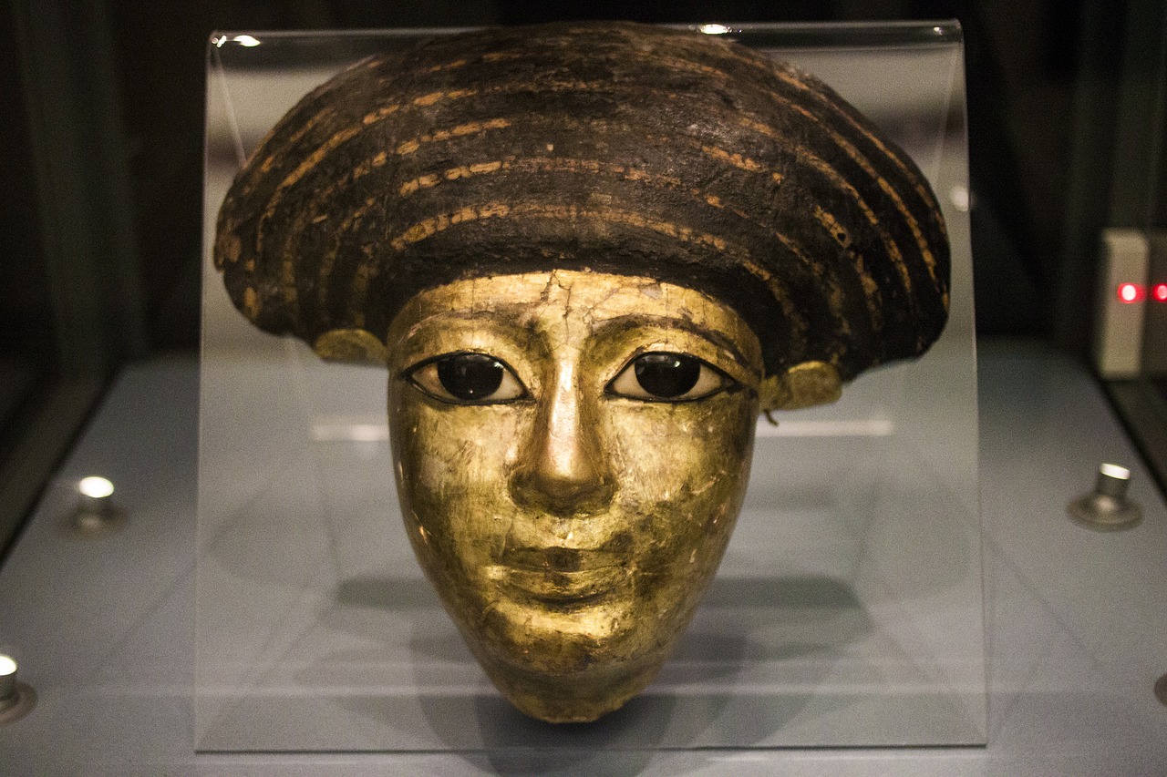 Muziejus, Kaukė, Senovės, Egyptian, Laidotuves, Moteris, Auksas, Dažytos, Egiptas, Istorinis