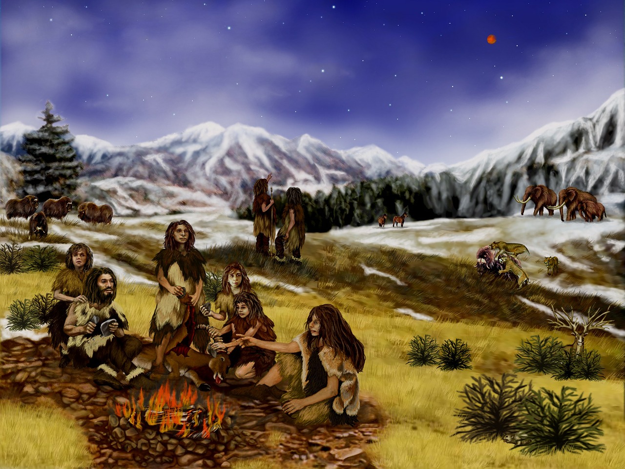 Neandertaliečiai, Priešistorinis, Kalnai, Gyvūnai, Kraštovaizdis, Žmonės, Primityvus, Gamta, Lauke, Sniegas