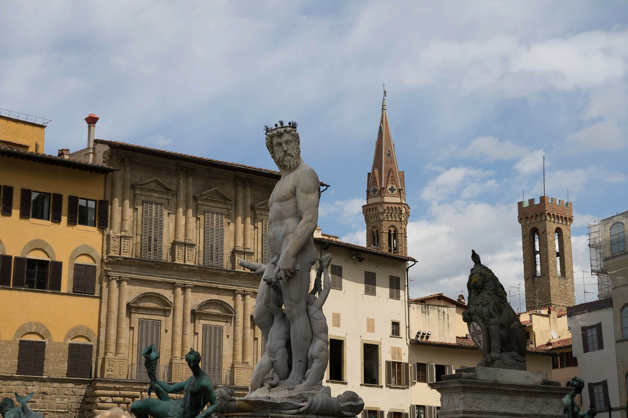 Neptūnas, Florencija, Statula, Italy, Plaza, Kvadratas, Fontanas, Paminklas, Skulptūra, Dangus