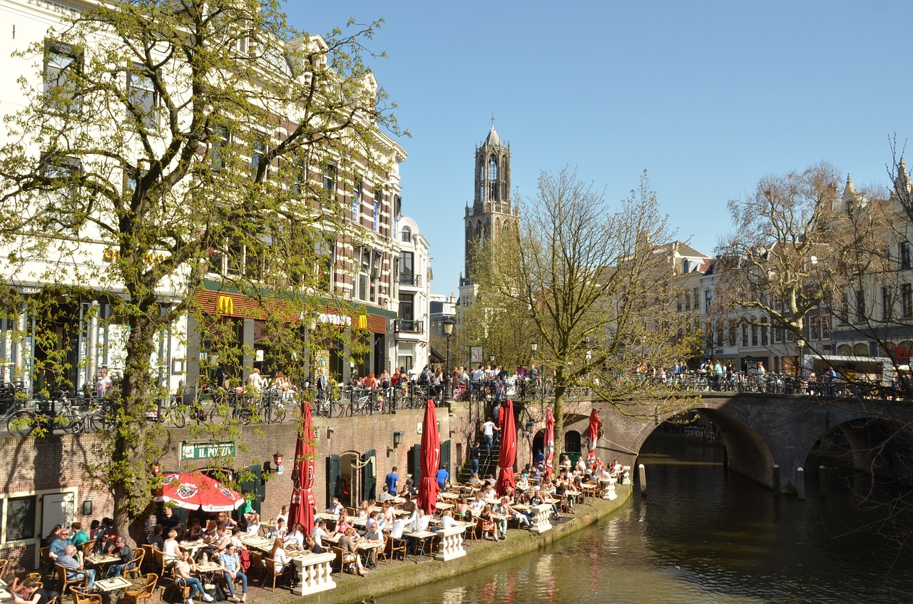 Nyderlandai, Utrecht, Terasa, Kanalas, Dom Bokštas, Vanduo, Miestas, Pastatas, Architektūra, Žmonės
