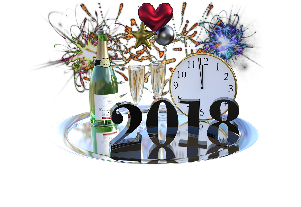 Naujųjų Metų Vakaras, Naujųjų Metų Diena, Šventė, Švesti, 2018, Šampanas, Akiniai, Šampano Akiniai, Laikrodis, Dėklas