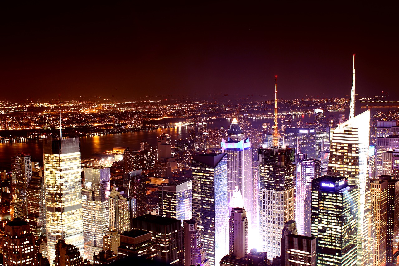 Niujorkas, Panorama, Naktis, Ilga Ekspozicija, New York City Skyline, Manhatanas, Naujas, York, Amerikietis, Usa