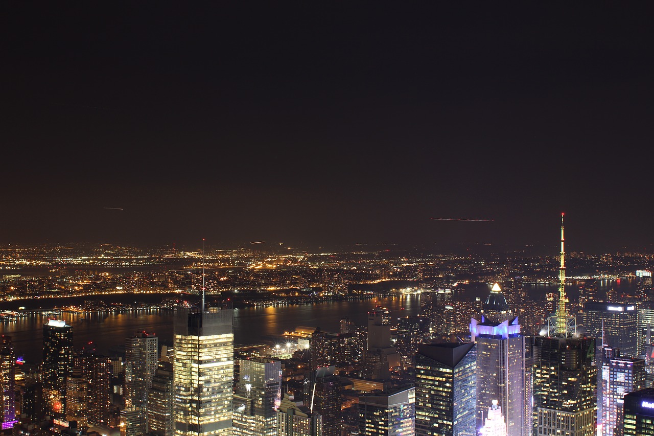 Niujorkas, Panorama, Naktis, Ilga Ekspozicija, New York City Skyline, Manhatanas, Naujas, York, Amerikietis, Usa