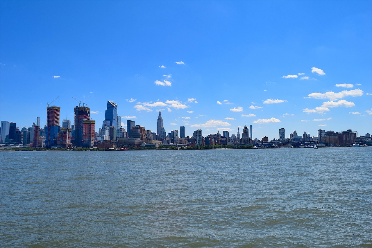 Niujorkas, Hudson Upė, Panorama, Manhatanas, Miestas, Amerikietis, Dangoraižis, Vanduo, Saulėtas, Miesto Panorama