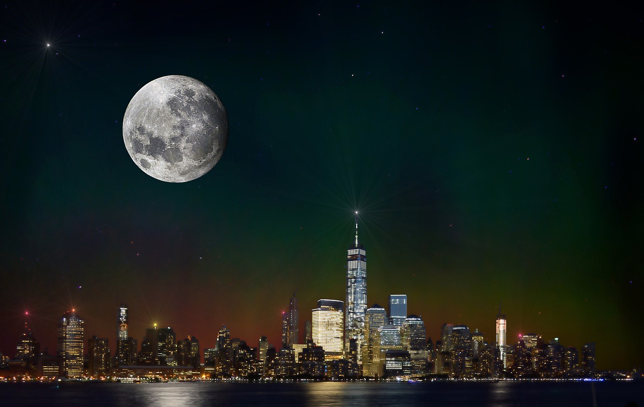 Niujorkas, Panorama, Naktis, Naujas, York, Nyc, Mėnulis, Mėnulio Šviesa, Žvaigždės, Niujorkas