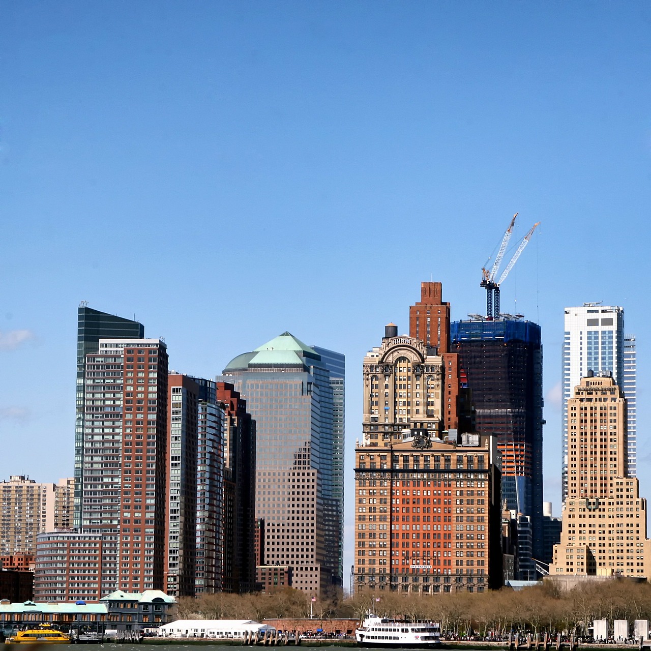 Niujorkas, Panorama, Dangoraižiai, Pastatai, Architektūra, Finansinis Rajonas, Dangus, Debesys, Miesto Panorama, Upė