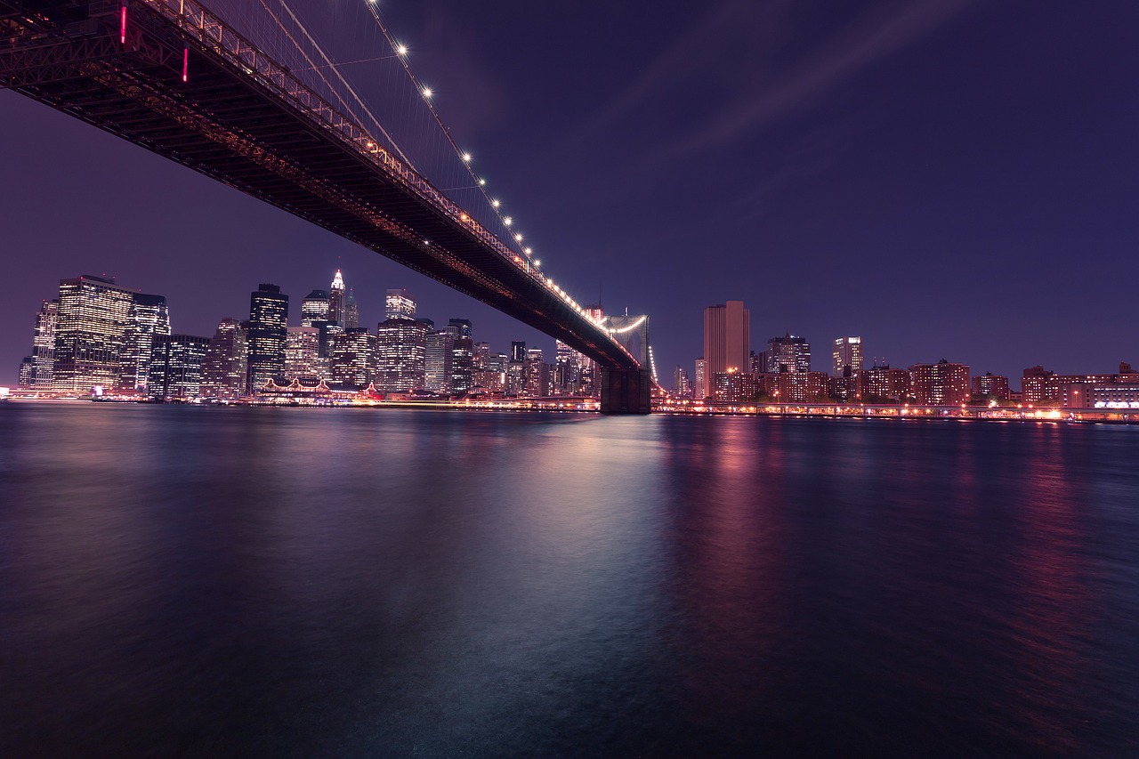 Niujorkas, Bruklino Tiltas, Naktis, Panorama, Niujorkas, Usa, Amerikietis, Miestas, Miestas, Dangoraižiai