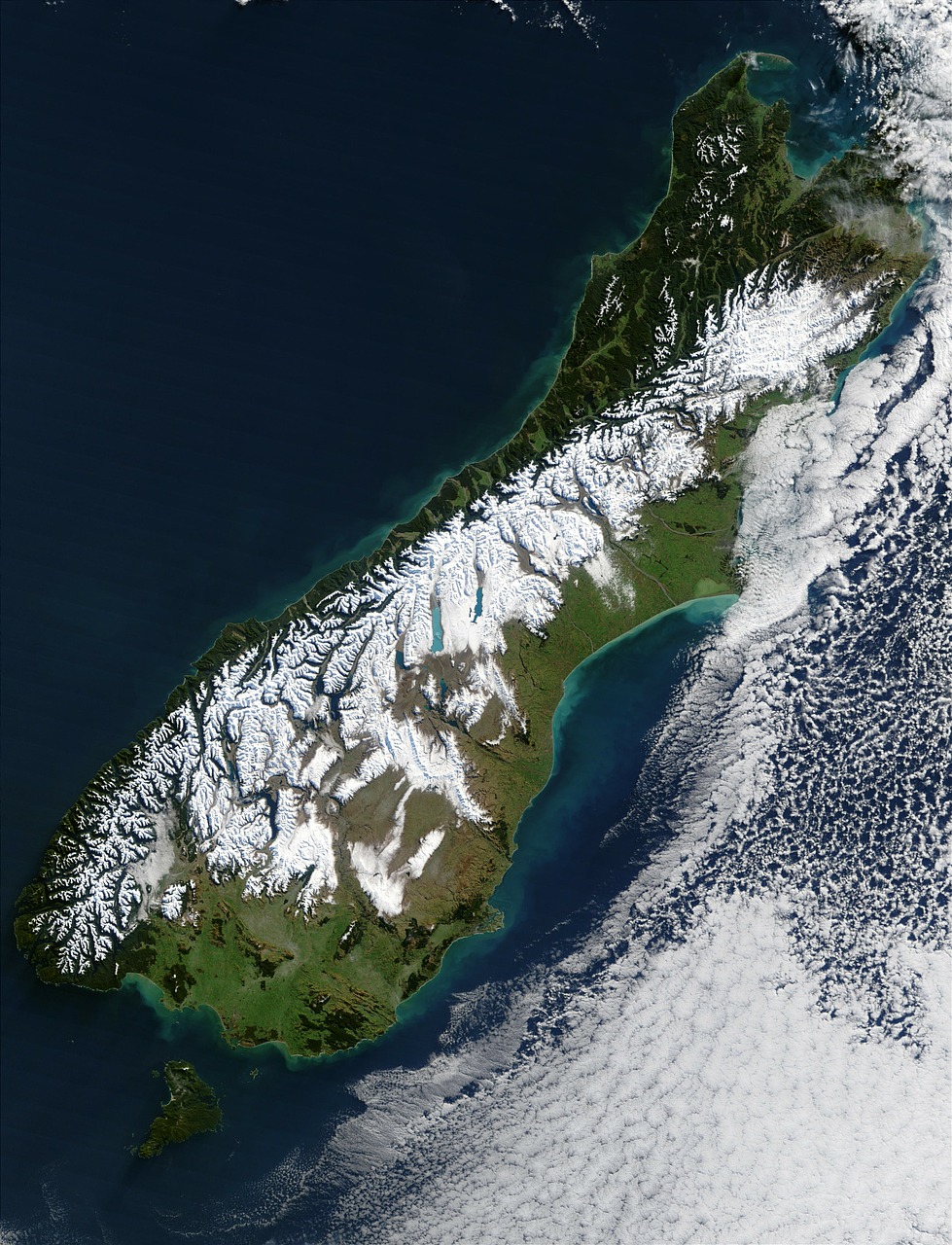 Naujoji Zelandija, Pietų Sala, Palydovinė Nuotrauka, Palydovinis Vaizdas, Oro Vaizdas, Fjordai, Žiema, Ledas, Blizzard, 2003
