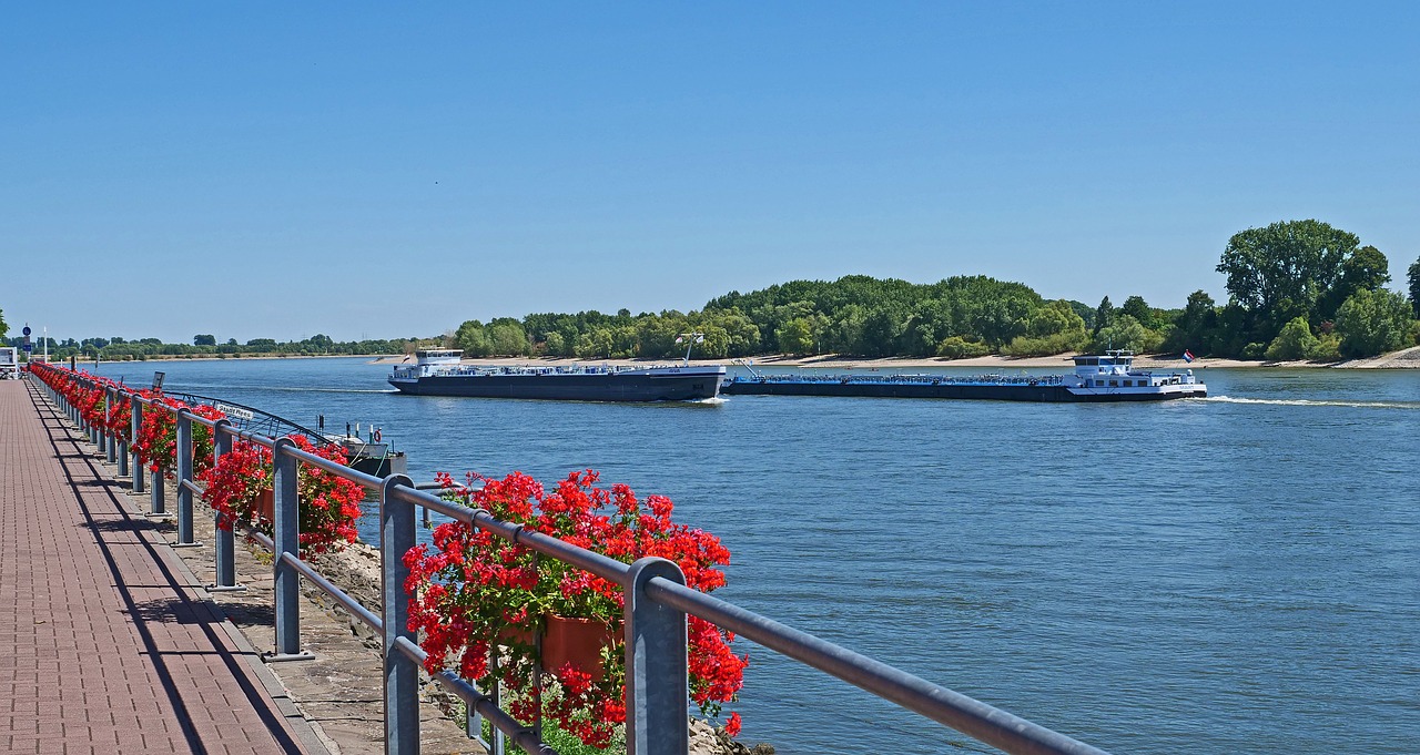 Niederrhein,  Reino Promenada,  Miestas Rees,  Turėklų,  Gėlių Dekoracijos,  Geranium,  Vasara,  Debesuota,  Krovininiai Laivai,  Vidaus Vandens Kelių Transportas