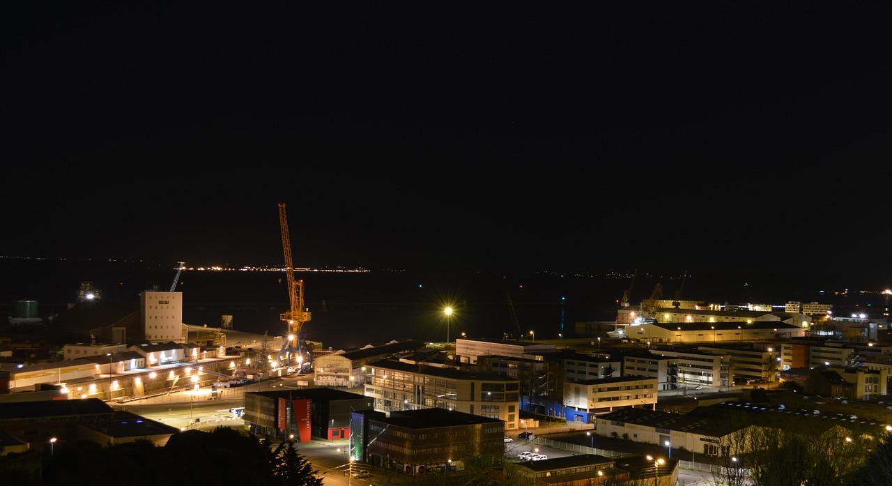 Naktis, Miestas, Komercinis Uostas, Industrija, Vakaras, Žibintai, Apšvietimas, Brest, Finistère, Brittany