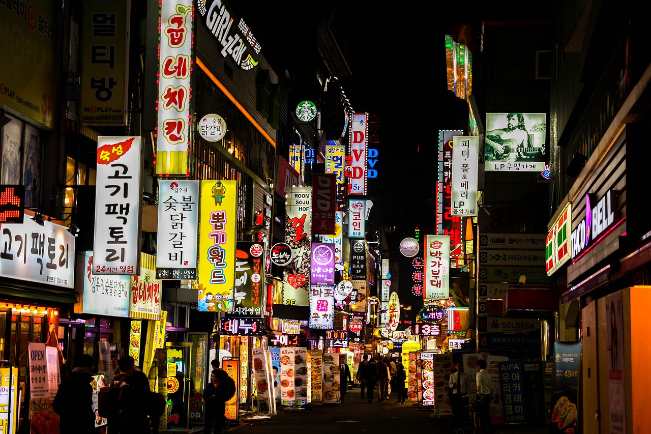 Naktinis Gyvenimas, Korėjos Respublika, Jongno, Iškabą, Apšvietimas, Naktis Korėjoje, Seulas, Naktis, Vakare, Neonas