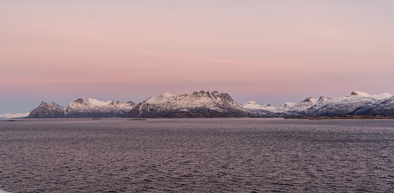 Norvegija, Pakrantė, Saulėlydis, Fjordas, Jūra, Kalnas, Sniegas, Skandinavija, Europa, Kelionė