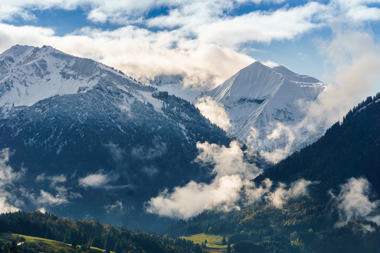 Oberstdorf, Debesys, Kalnai, Panorama, Kraštovaizdis, Alpių, Bavarija, Allgäu, Sniegas, Dangus