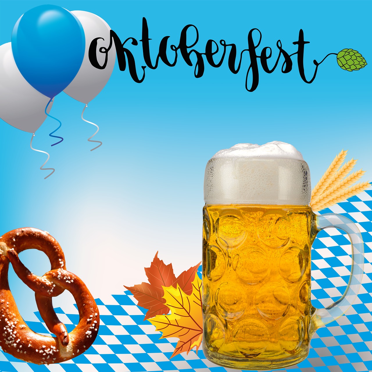 Oktoberfest, Munich, Liaudies Šventė, Bavarija, Bavarian, Linksma, Mėlynas, Balta, Alaus Puodelis, Brezn