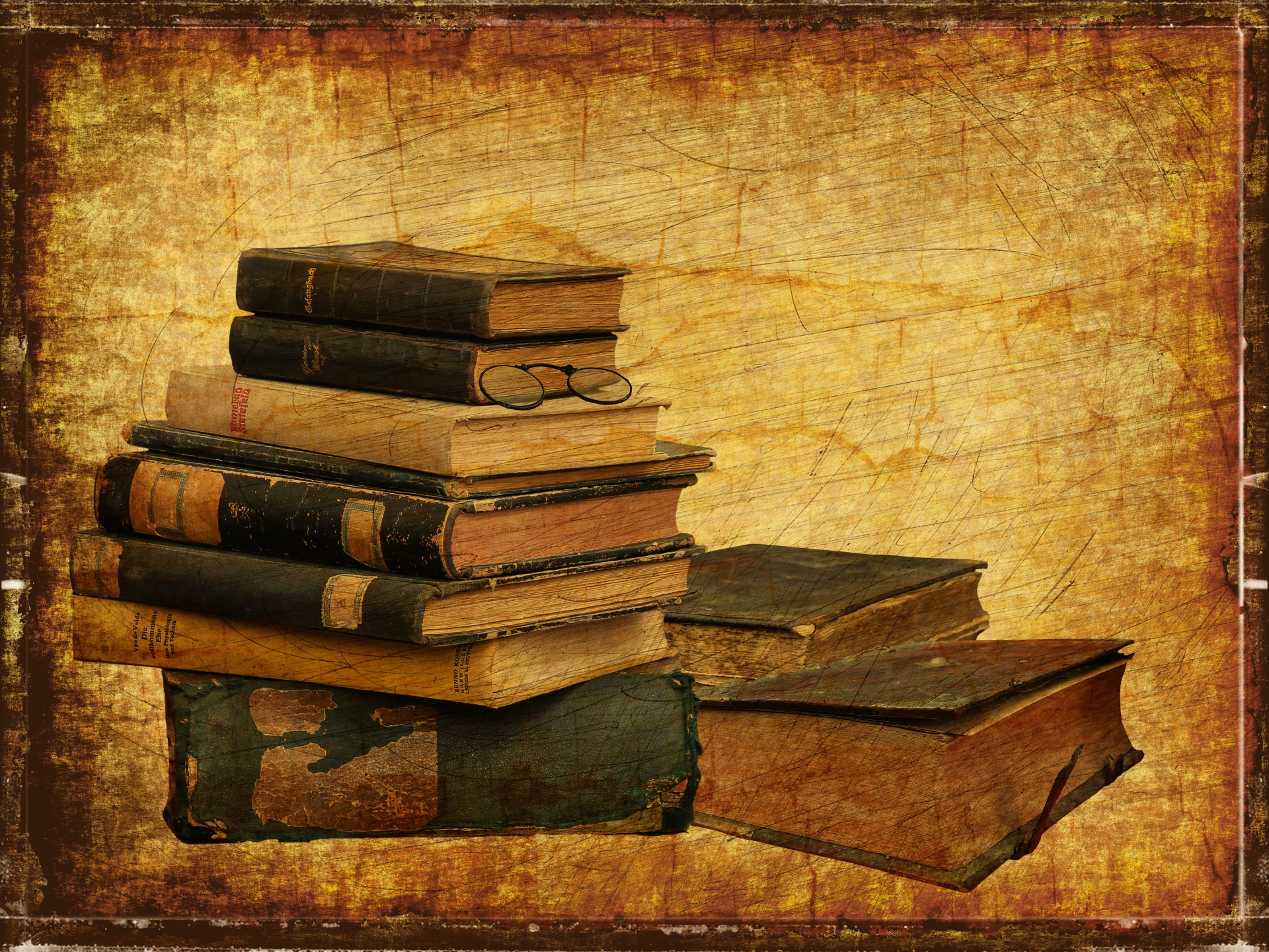Knygos,  Senas,  Vintage,  Amžius,  Susikrimtęs,  Krūva,  Krūva,  Akiniai,  Akiniai,  Skaityti
