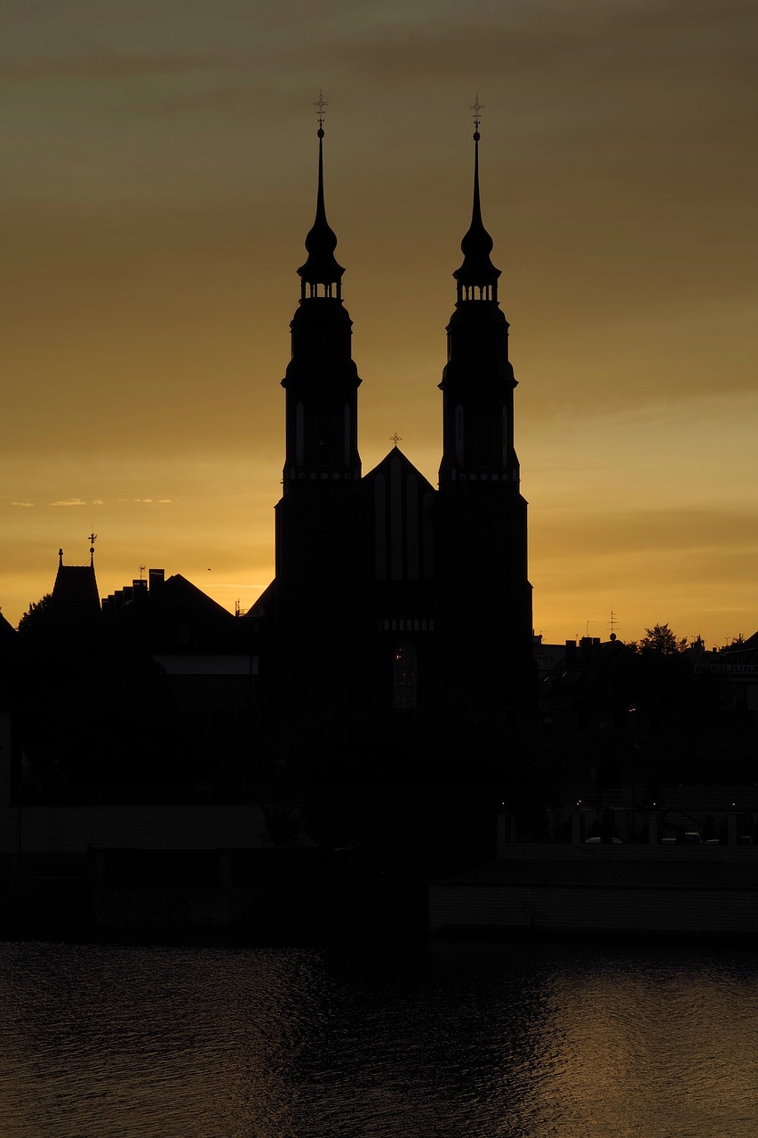 Opolė, Katedra, Siluetas, Panorama, Miestas, Architektūra, Katedra Opole, Rytas, Saulėtekis, Aukso Dangus