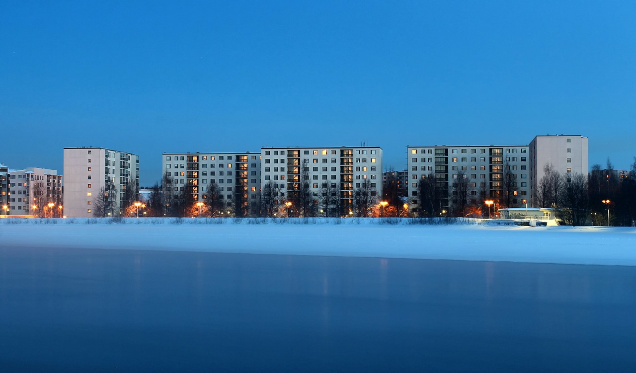 Oulu, Finland, Panorama, Dangus, Pastatai, Žiema, Sniegas, Ledas, Sušaldyta, Ežero Vanduo