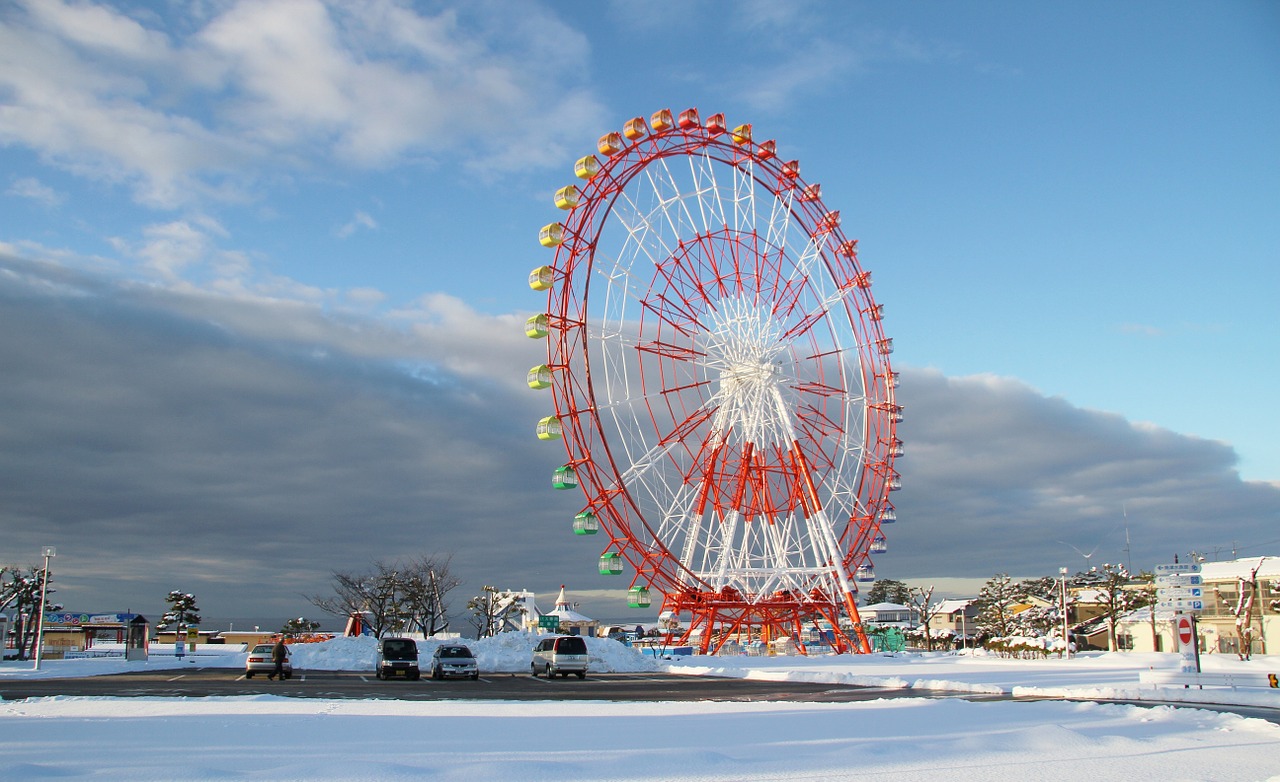 Ouzu, Japonija, Dangus, Debesys, Vaizdingas, Ferris Ratas, Važiuoti, Pramogų Parkas, Žiema, Sniegas