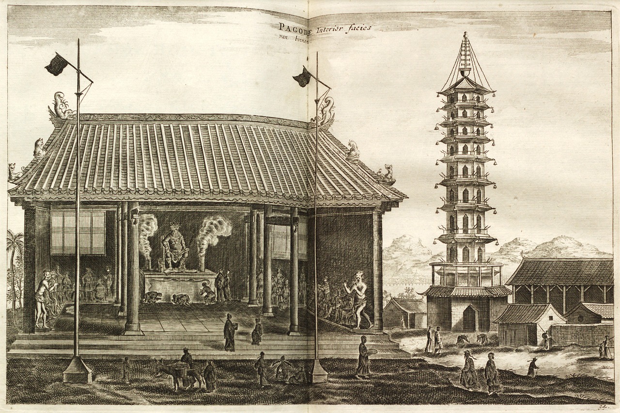 Pagoda, 1693, Senos Knygos Deginimas, Senoji Šventykla, Pasekėjai, Drakonas, Bokštas, Statulos, Skulptūra, Žmonės