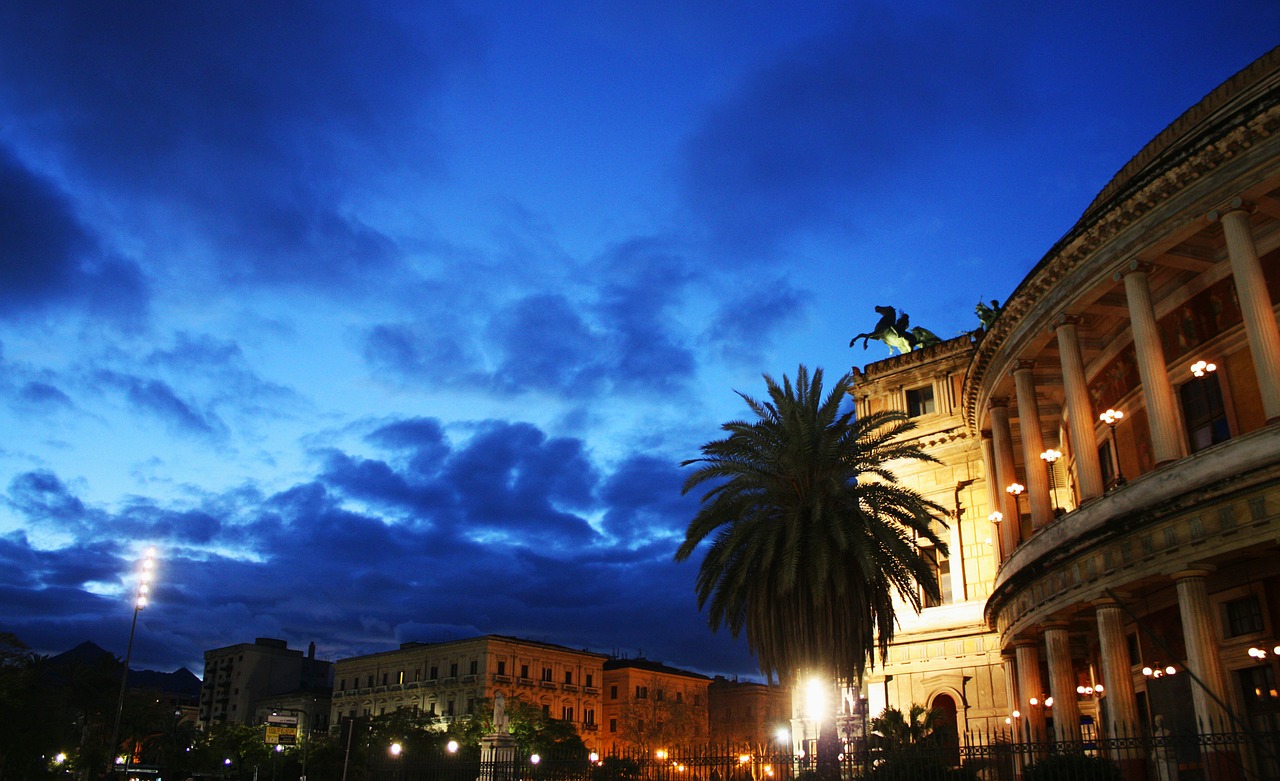 Palermo, Politeama, Piazza, Saulėlydis, Teatro, Miestas, Vakaras, Dangus, Twilight, Miesto Panorama
