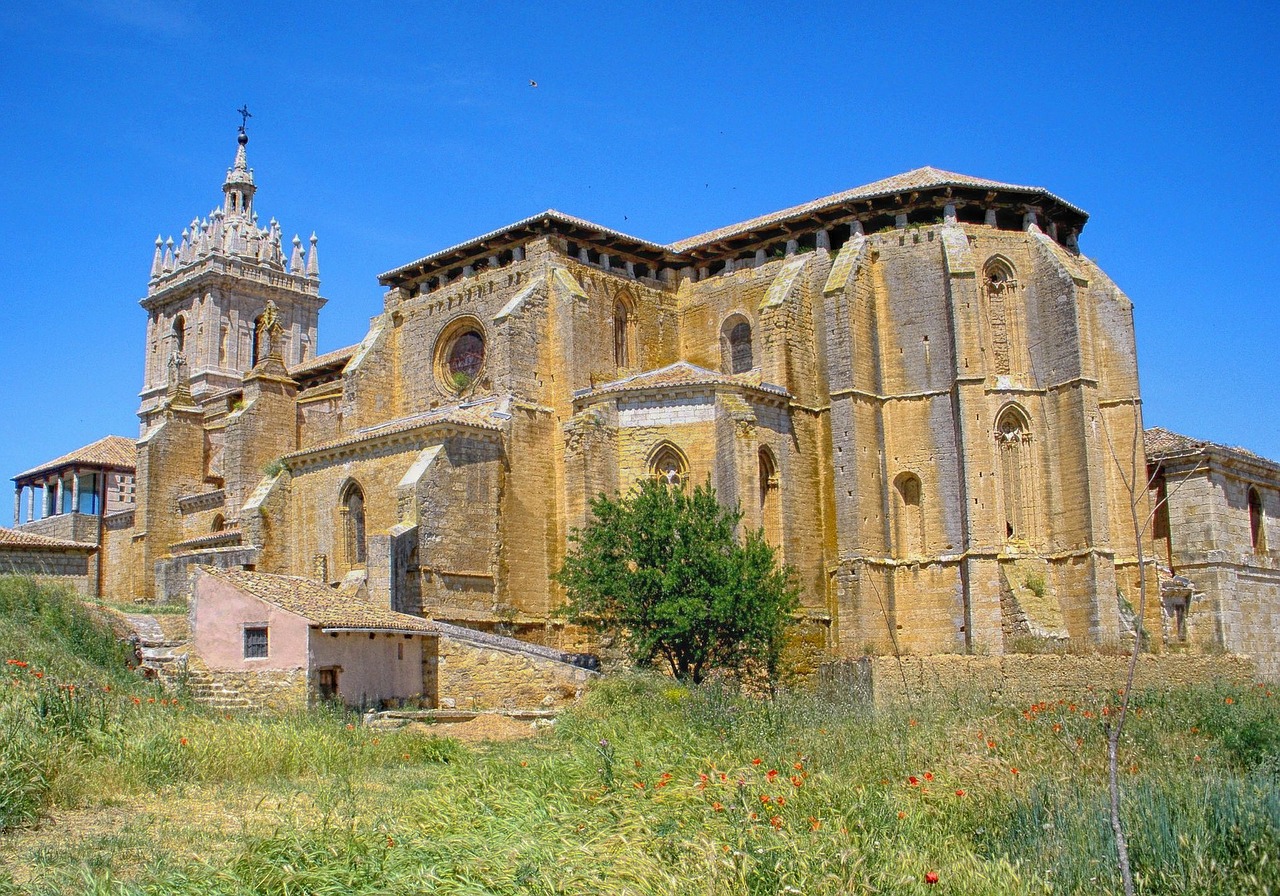 Palencia, Ispanija, Pastatas, Bažnyčia, Architektūra, Dangus, Debesys, Kraštovaizdis, Žolė, Medis