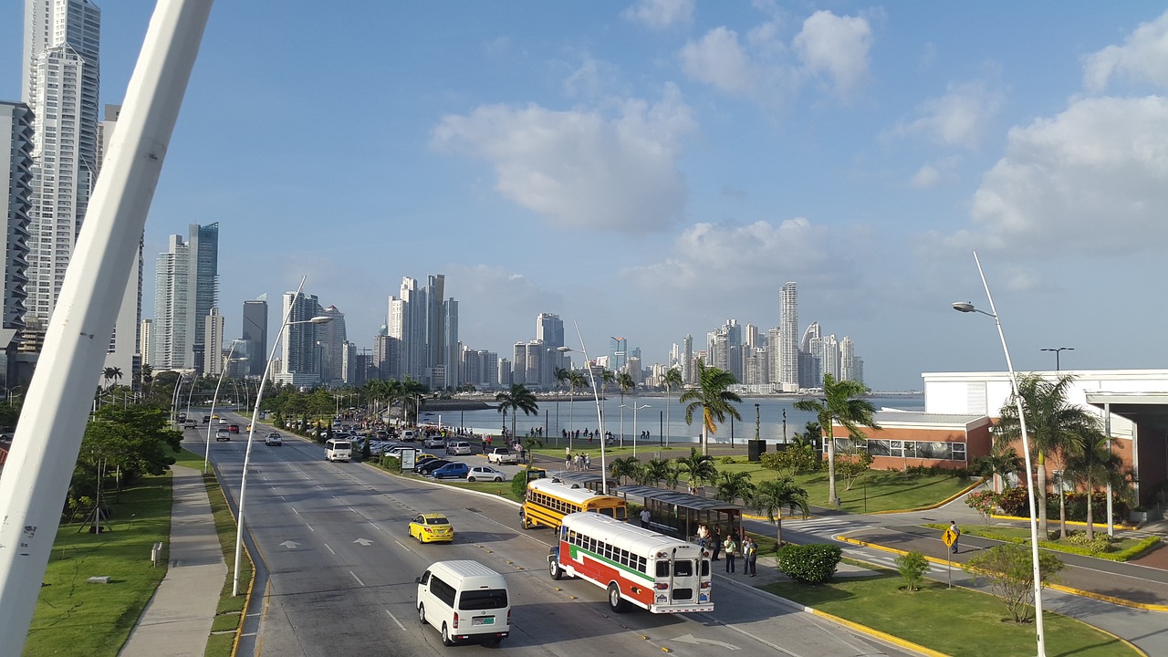 Panama City Panama, Panama, Alėja, Greitkelis, Cinta Costera, Costa, Dangus, Debesys, Miestas, Miesto