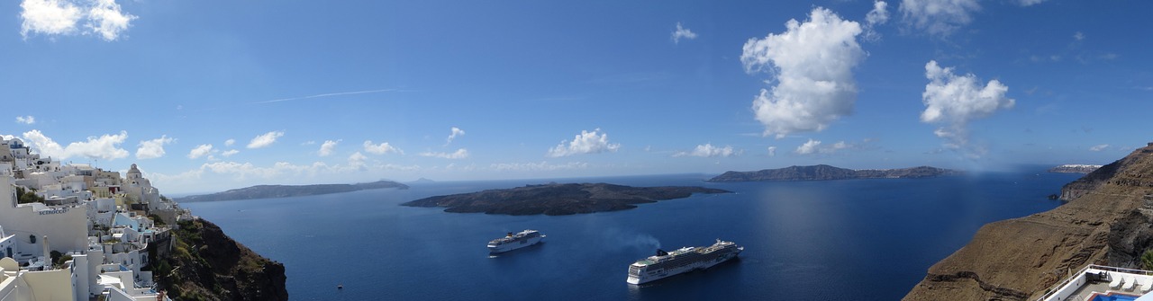 Panorama, Santorini, Graikija, Ciklai, Perspektyva, Laivai, Vulkanas, Kaldera, Viduržemio Jūros, Jūra