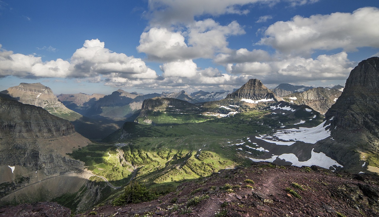 Panorama, Kraštovaizdis, Vaizdingas, Kalnai, Kalnas Oberlinas, Lewisas, Ledynas Nacionalinis Parkas, Montana, Usa, Debesys