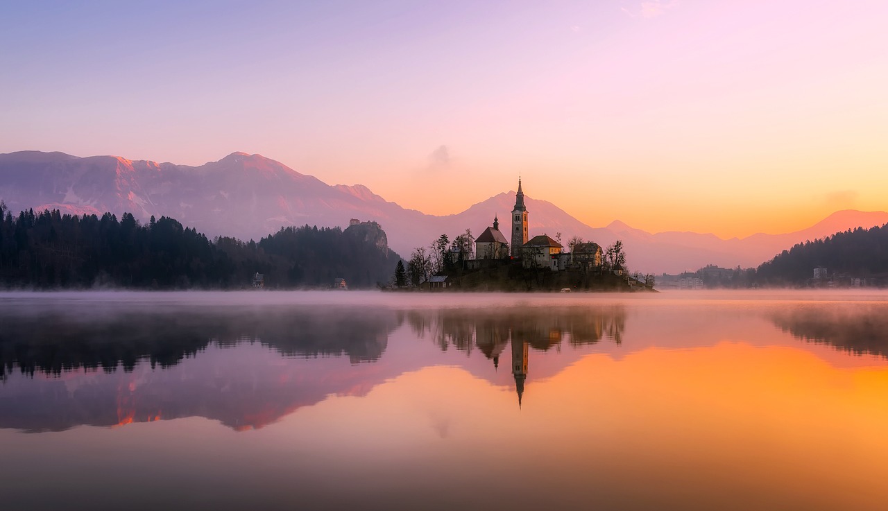 Panorama, Saulėtekis, Aušra, Bled, Slovenia, Sala, Bažnyčia, Istorinis, Orientyras, Kalnai