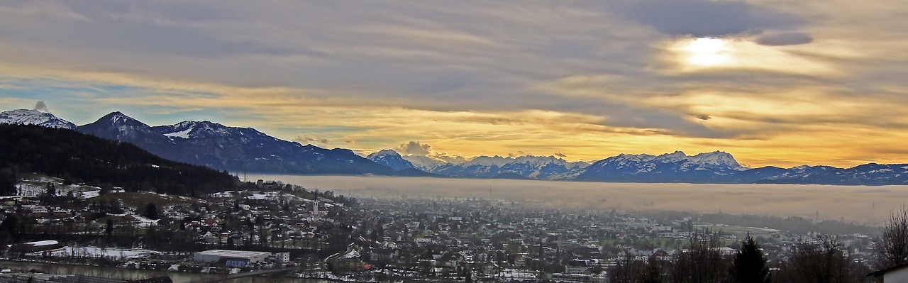 Panorama, Dornbirn, Vorarlbergas, Bregenz, Žiema, Rūkas, Saulė, Alpių, Kalnai, Slėnis