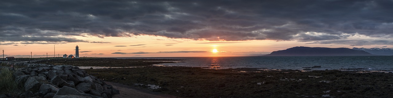 Panorama, Saulėlydis, Iceland, Dangus, Jūra, Debesys, Švyturys, Abendstimmung, Rokas, Saulė