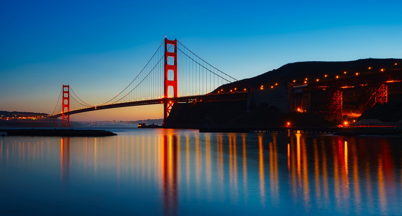 Panorama, Auksinių Vartų Tiltas, Orientyras, Istorinis, Architektūra, Saulėlydis, Dusk, Žibintai, Švytėjimas, San Franciskas