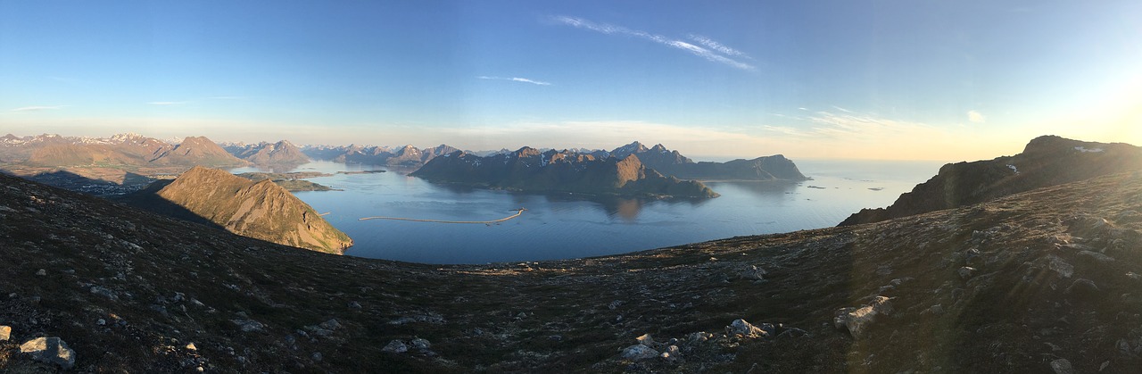 Panorama, Kraštovaizdis, Kalnas, Pobūdis, Saulėlydis, Norvegija, Vasara, Vanduo, Lauke, Dangus
