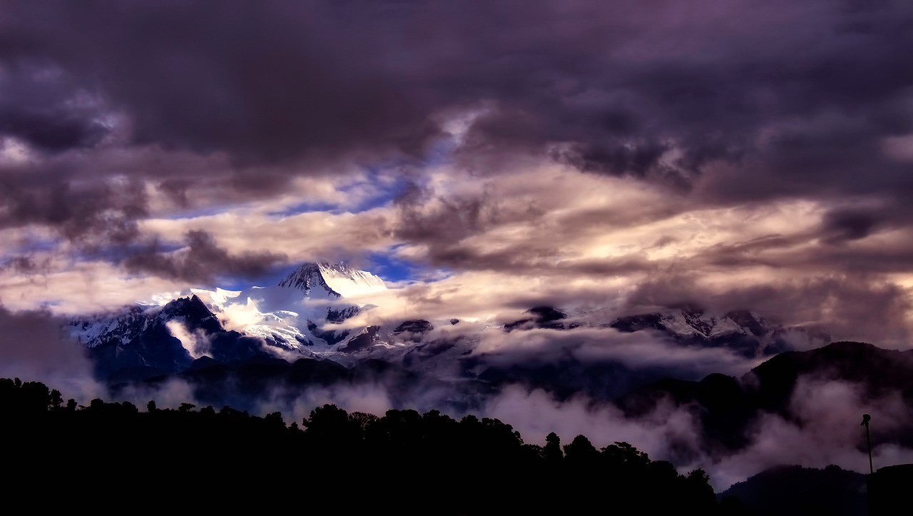 Panorama, Nepalas, Kalnai, Kraštovaizdis, Sniegas, Smailės, Dangus, Debesys, Saulėtekis, Saulėlydis