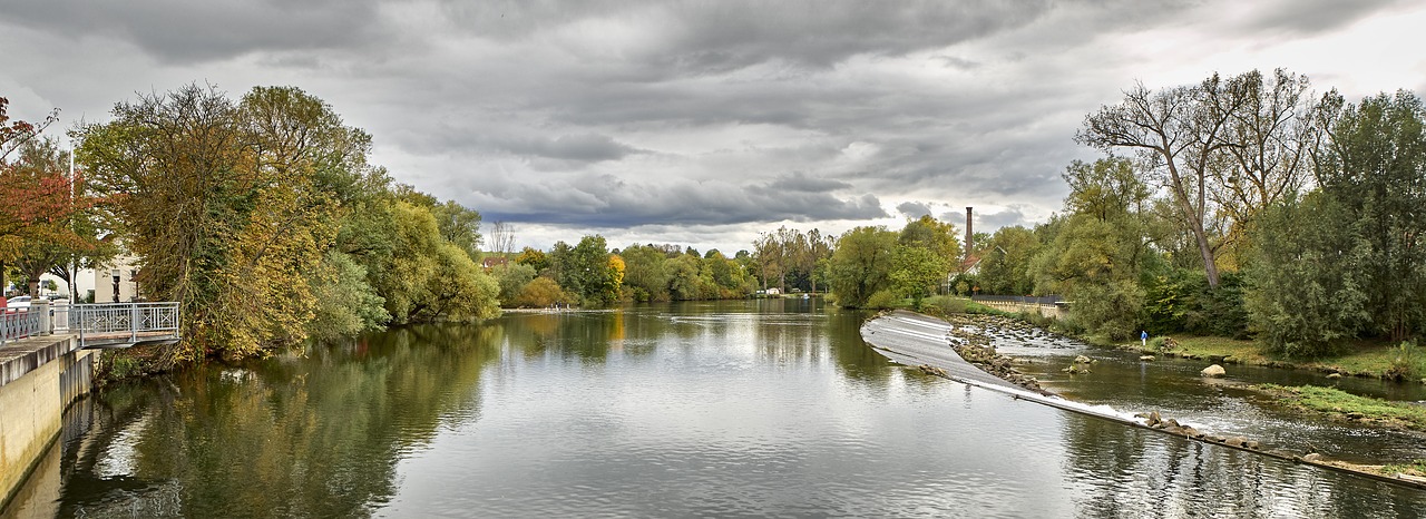 Panorama, Neckar, Baden Württemberg, Vokietija, Perspektyva, Tiltas, Upė, Vanduo, Debesys, Dramos