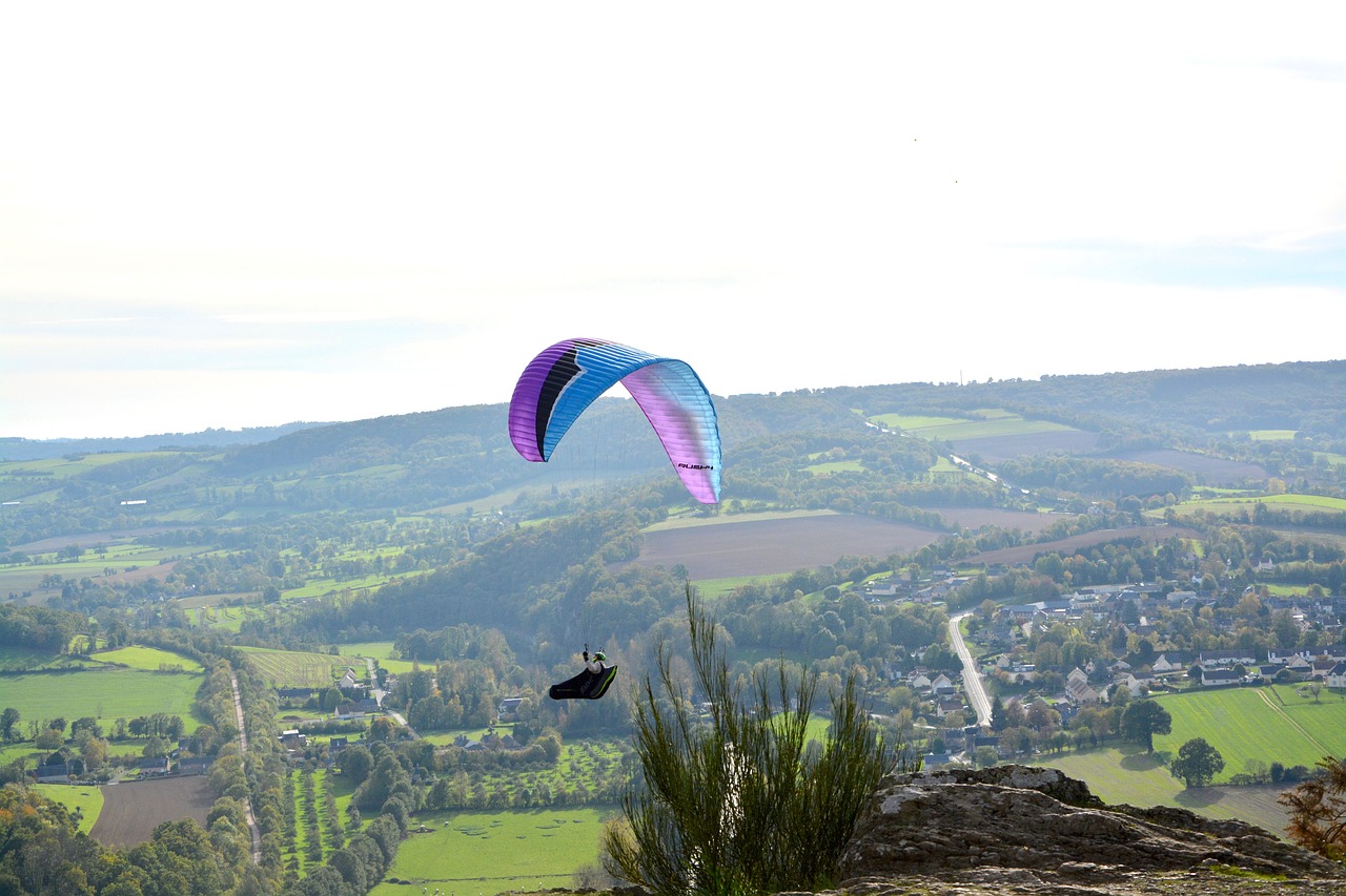 Panoraminiai Vaizdai, Paragliding, Paragleris, Sportas, Laisvalaikis, Clécy Normandy France, Kalnas, Saulė, Vaizdas, Panoraminis