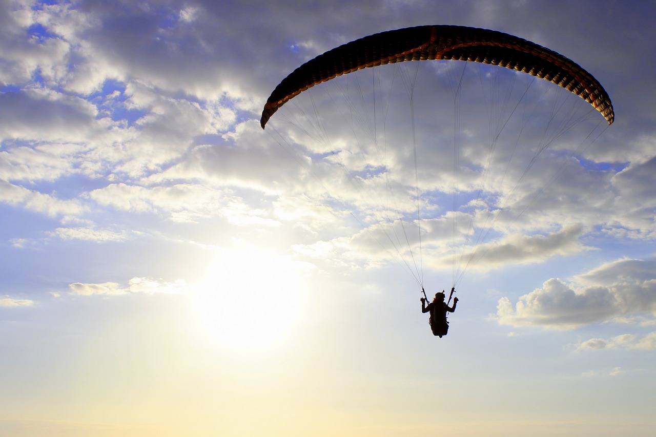 Paragleris, Sparnas, Paragliding, Skraidantis, Pilotas, Saulėlydis, Mėlynas, Laisvė, Oras, Nemokamos Nuotraukos