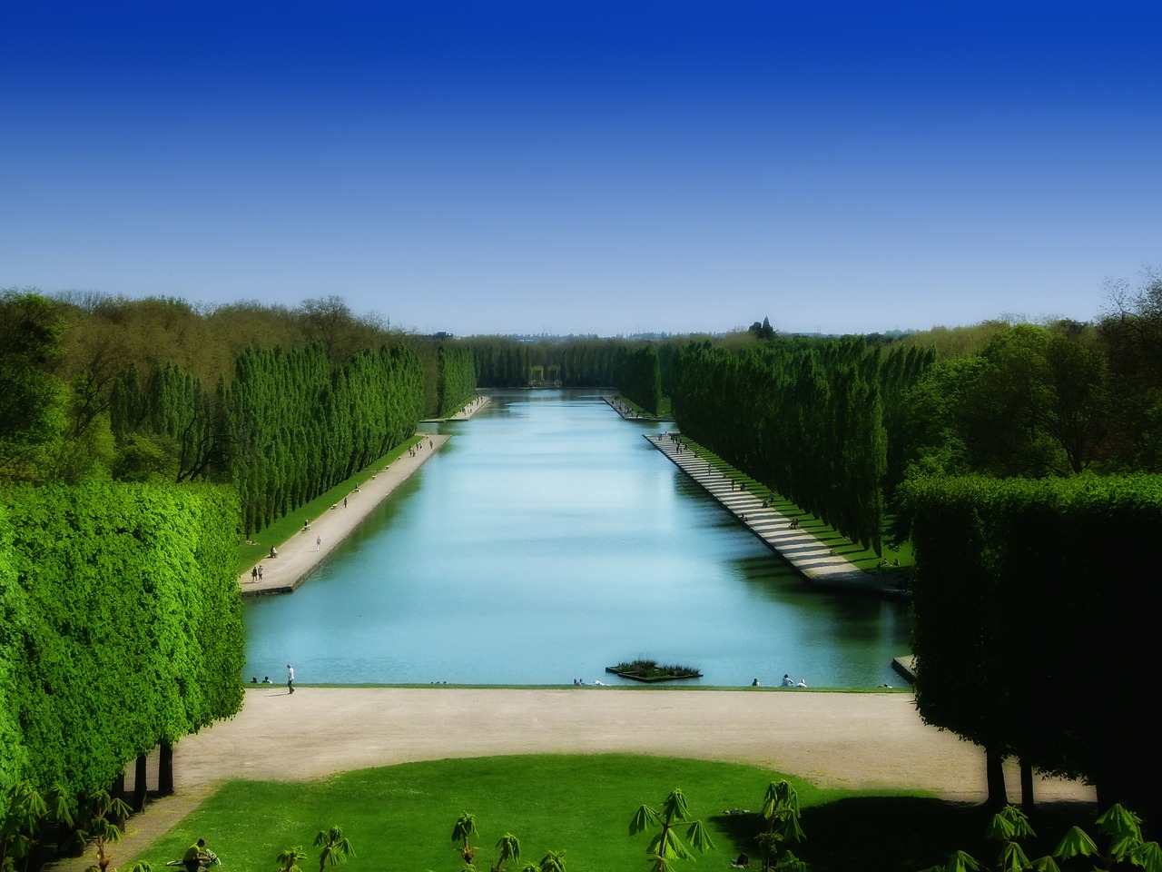 Parc De Sceaux, France, Pagrindai, Kanalas, Tvenkinys, Vasara, Pavasaris, Dangus, Medžiai, Žolė