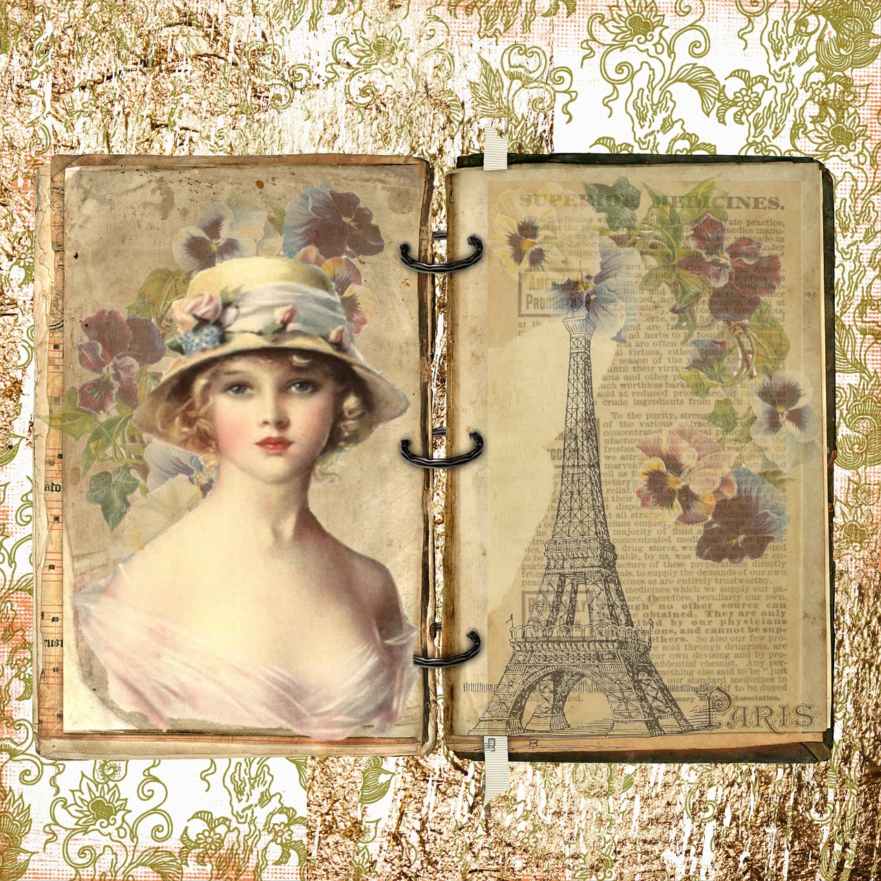 Paris, Prancūzų Kalba, Vintage, Senas, Lady, Gėlė, Skrybėlę, Edvardas, Popierius, Knyga