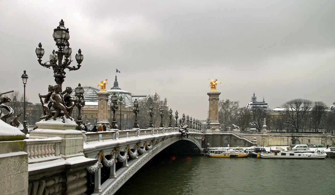 Paris, France, Pont Alexandre Iii, Tiltas, Pastatai, Architektūra, Žiema, Sniegas, Upė, Vanduo