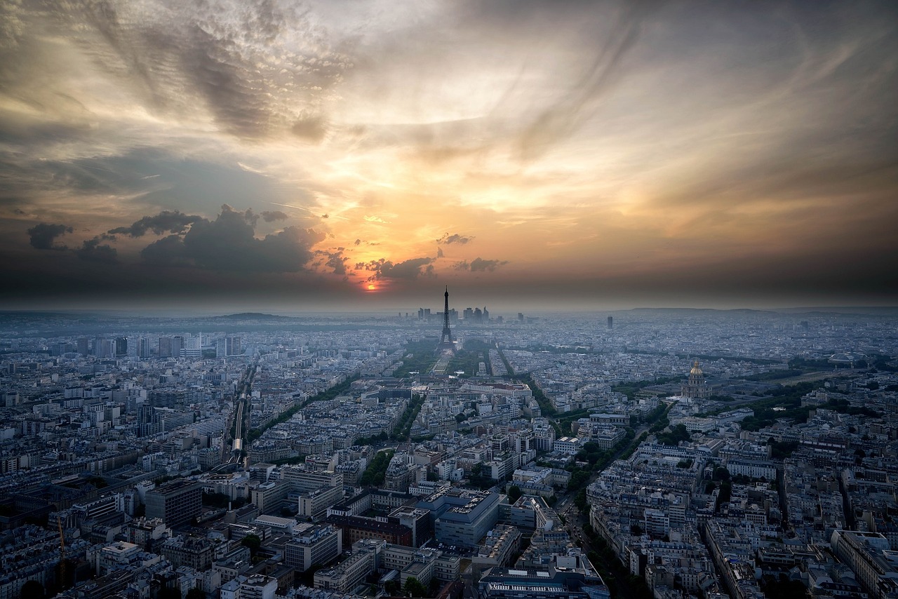 Paris, France, Panorama, Saulėlydis, Eifelio Bokštas, Debesys, Orientyras, Architektūra, Miesto, Dusk